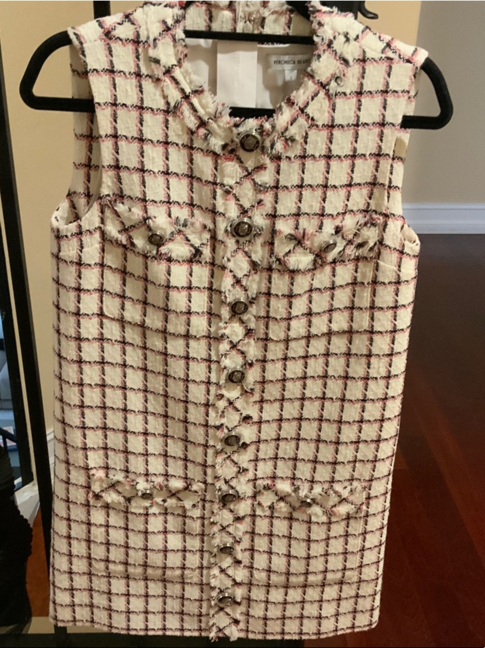 Veronica Beard Cream Tweed Shift Dress with Pink Windowpane